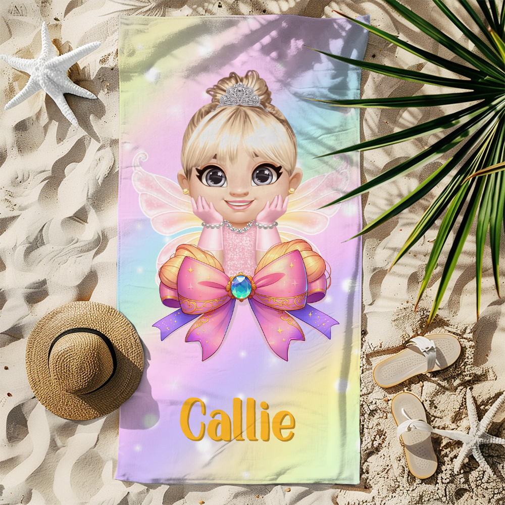 Serviette de Plage Microfibre Géante Personnalisée avec Princesse Dessin Animé et Nom Noeud Coquette Séchage Rapide Cadeau Anniversaire pour Filles
