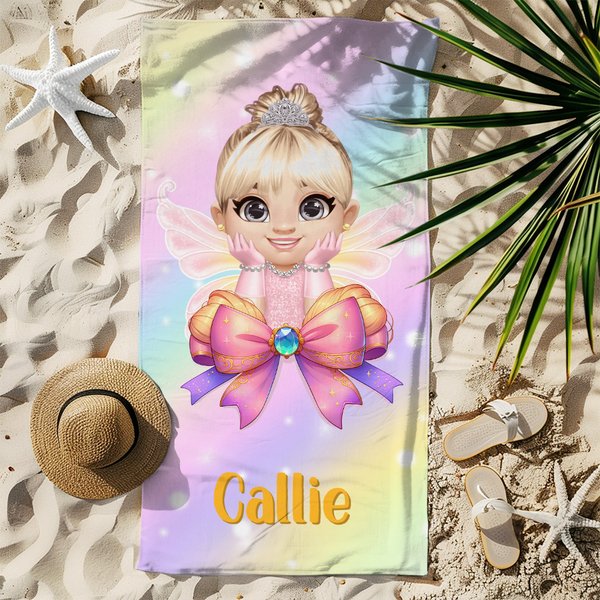 Personalized Cartoon Princess Coquette Bow Colorful Quick Dry Oversized Microfiber Beach Towel with Name Summer Beach Birthday Gift for Little Girls