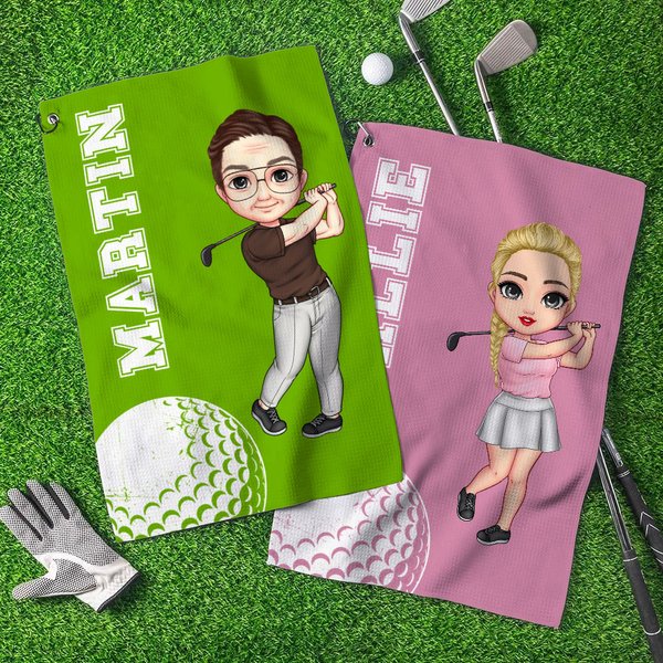 Personalisierte Cartoon Golf Charakter Name Waffel Golf Handtuch mit hängenden Clip Sport Zubehör Geburtstag Geschenk für Familie Freunde