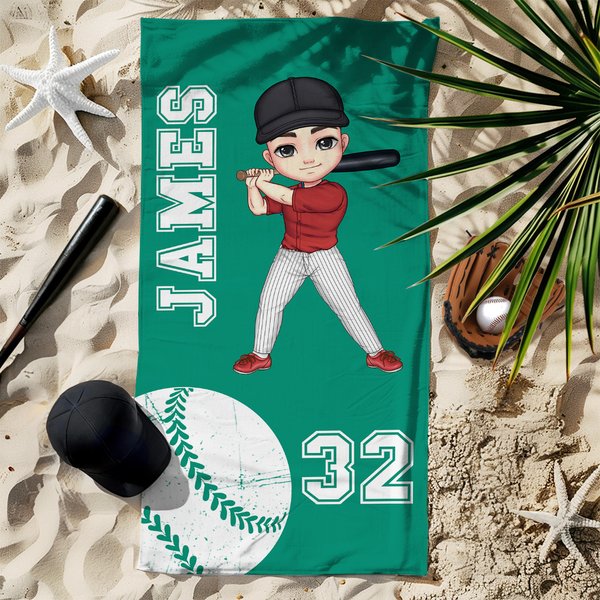 Personalisiertes Softball Baseball Cartoon Charakter Schnelltrocknendes Übergroßes Strandtuch mit Namen Nummer Party Reise Geschenk für Sportliebhaber