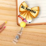 Personalised Bow Pencil Acrylic Beaded Retractable Badge Reel with Name Back to School Appreciation Teachers' Day Gift for Teachers Educators