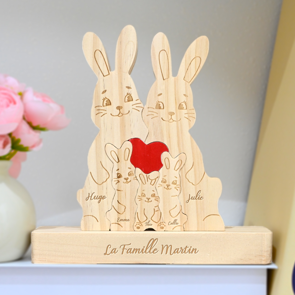 Puzzle de Lapins Personnalisé avec 2-5 Noms et Texte Gravés Décoration en Bois Cadeau Anniversaire Fête pour Famille