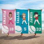Personalized Softball Baseball Cartoon Character Quick Dry Soft Oversized Beach Towel with Name and Number Beach Party Travel Gift for Sports Lover