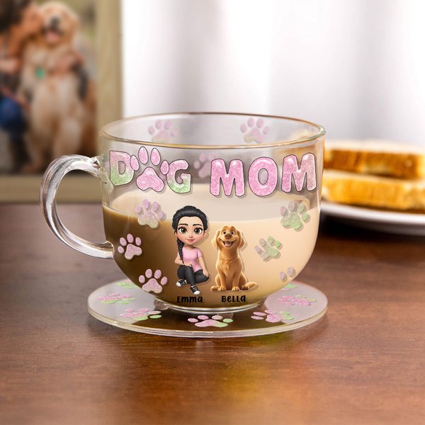 Personalized Dog Mom 3D Cartoon Girl and 1-4 Dogs Paw Print 16 oz Clear Glass Cup with Names Birthday Gift for Pet Lover Owner