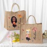 Sac en Jute Personnalisé avec Dessin Femme Fleur de Naissance Nom Style Fermeture Éclair Magnétique Optionnelle Cadeau Anniversaire pour Femme Fille