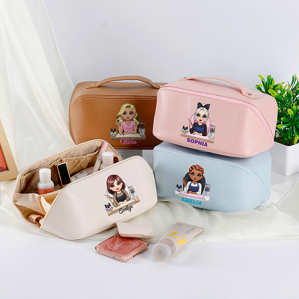 Sac de maquillage en cuir à ouverture large avec nom Cadeau d'anniversaire pour les techniciens de l'ongle Enthousiastes de l'art de l'ongle