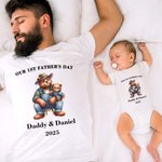 Personalized Cute Daddy Bear and Baby Bear 100% Cotton Baby Bodysuit T-shirt with Name and Year Our 1st Father's Day Gift for Baby Dad