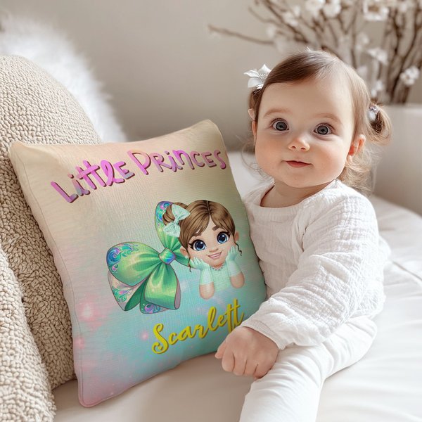 Personalized Colorful Cartoon Princess Coquette Bow Soft Throw Pillow Cover with Name Home Decor Birthday Gift for Kids