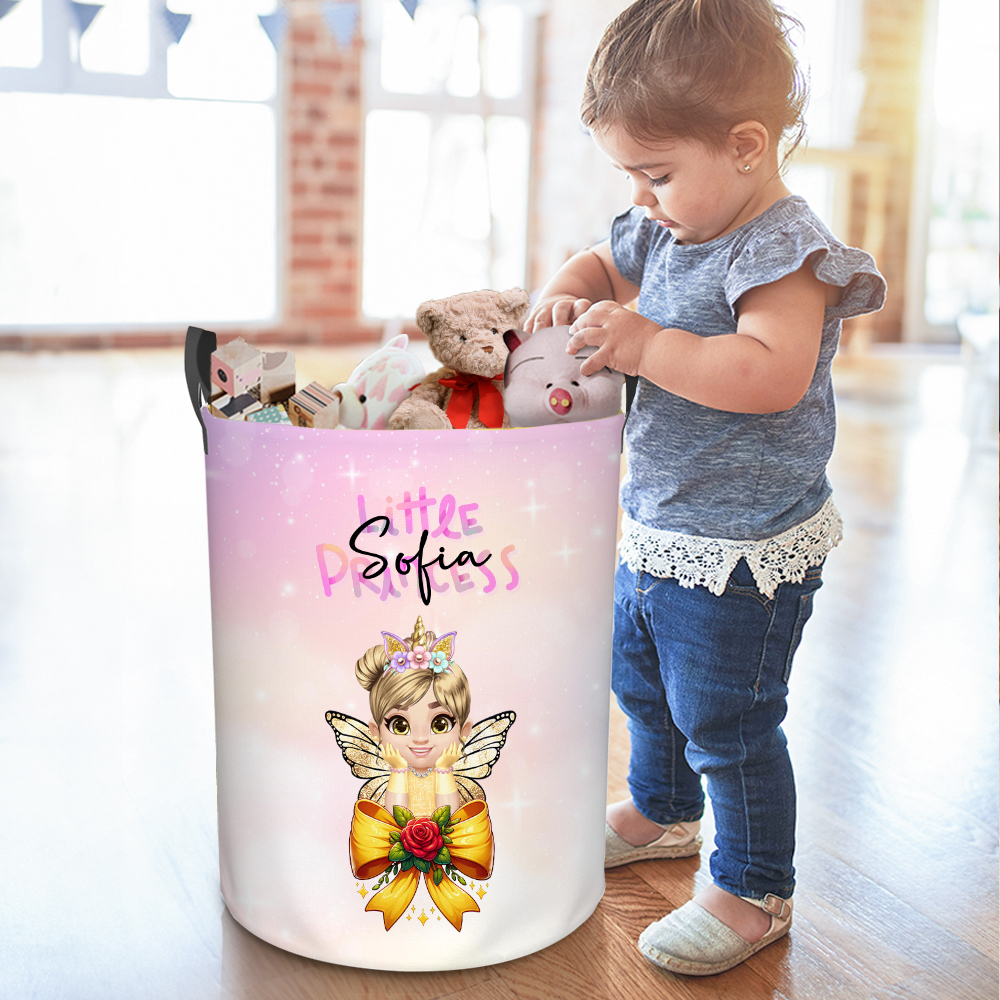 Panier de rangement pour jouets de la petite princesse avec noeud personnalisé avec nom Décoration de chambre d'enfant imperméable Cadeau de pendaison de crémaillère pour enfants