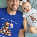 Personalized Cute Daddy Bear and Baby Bear 100% Cotton Baby Bodysuit T-shirt with Name and Year Our 1st Father's Day Gift for Baby Dad