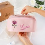 Personalized Retro Birth Flower Leather Wide Open Makeup Bag with Name Mother's Day Birthday Gift for Women