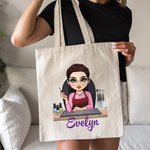 Personalised Cute Cartoon Manicurist Character Canvas Tote Bag with Name Beauty Salon Opening Birthday Gift for Nail Technicians
