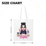 Personalised Cute Cartoon Manicurist Character Canvas Tote Bag with Name Beauty Salon Opening Birthday Gift for Nail Technicians