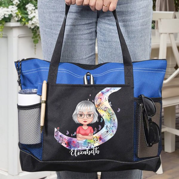 Personalizada Acuarela Bastón Musical Nota Caricatura Personaje Oxford Bolsa Tote con Nombre y Bolsillo de Malla Regalo de Cumpleaños Aniversario para Mujer