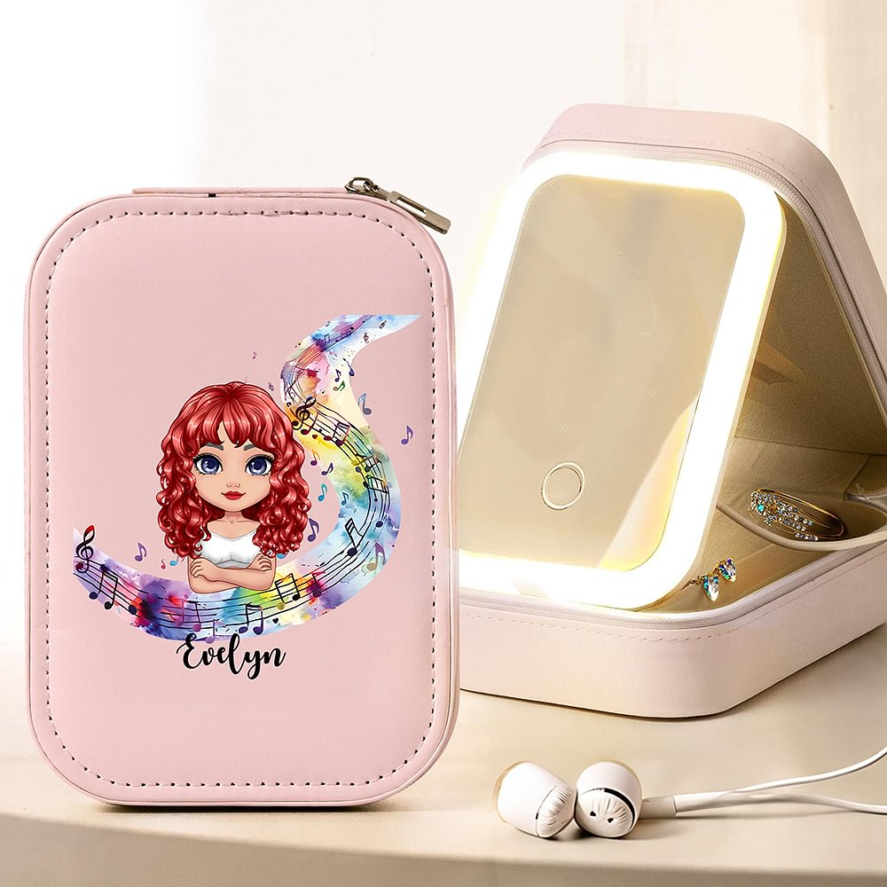 Boîte à bijoux en cuir avec miroir LED tricolore réglable Cadeau d'anniversaire pour femme