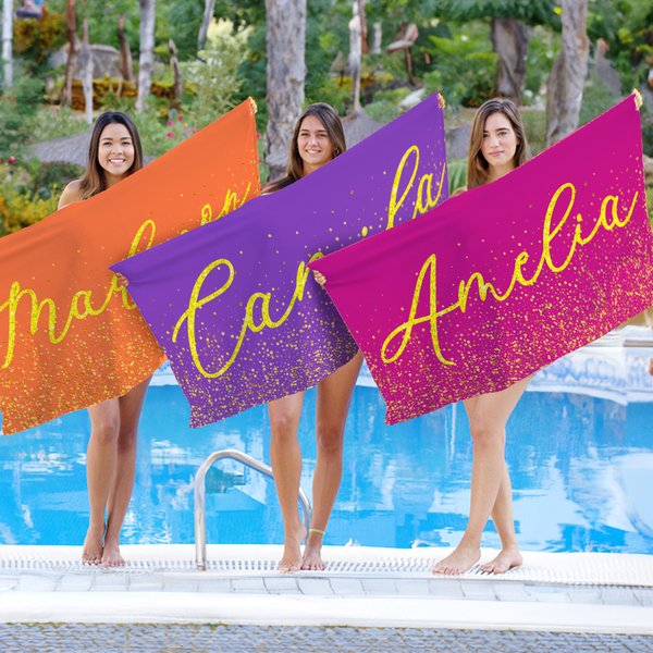 Personalised Shimmering Gold Design Quick Dry Oversized Beach Towel with Name Summer Holiday Pool Party Gift for Women Swimming Lovers