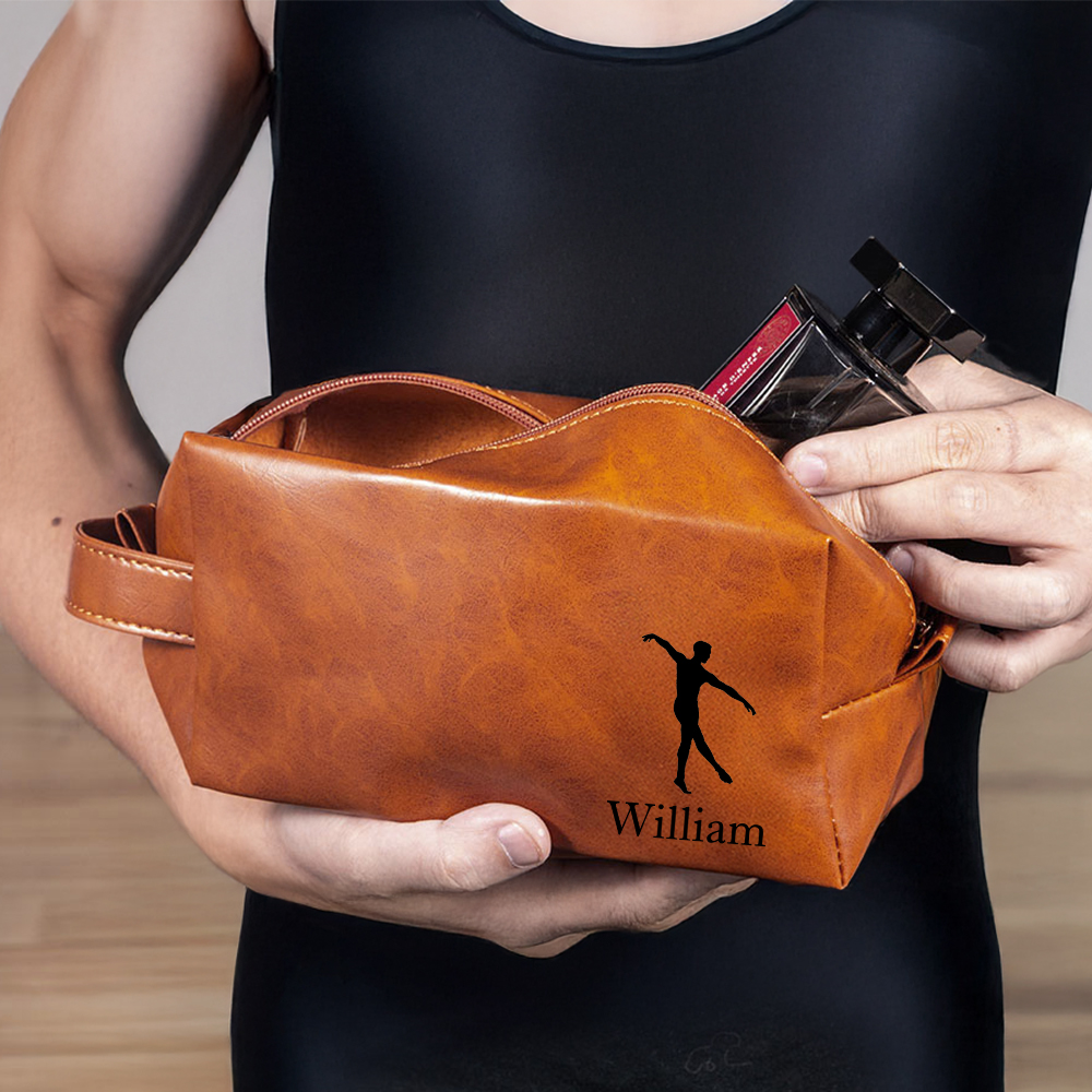 Sac de toilette en cuir imperméable avec nom et poignée portable Cadeau d'anniversaire pour la danse masculine