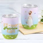 Personalized Birth Flower Basket Cartoon Flower Girl 12 oz Insulated Wine Tumbler with Name and Spill-proof Lid Bridal Shower Gift for Flower Girl