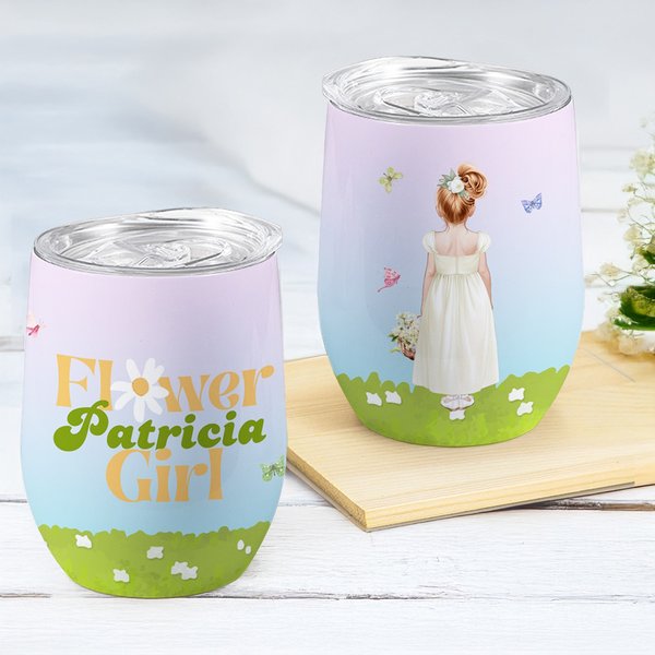 Personalized Birth Flower Basket Cartoon Flower Girl 12 oz Insulated Wine Tumbler with Name and Spill-proof Lid Bridal Shower Gift for Flower Girl