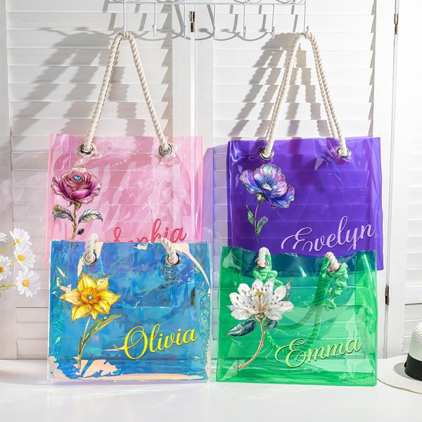 Personalized Birth Flower Neon Laser Clear Tote Bag with Name Birthday Summer Vacation Party Gift for Women