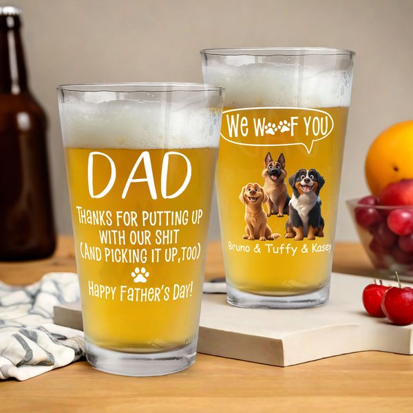 Personalized We Woof You 3D Cartoon 1-6 Dogs 16 oz Clear Beer Glass with Name and Text Father's Day Birthday Gift for Dog Dad Mom Dog Lover