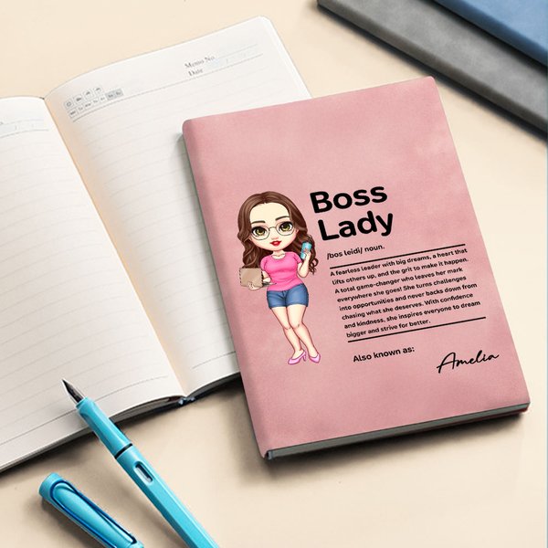 Personalized Cartoon Boss Lady A5 A6 Leather Lined Notebook with Name Birthday Gift for Female Boss Manager