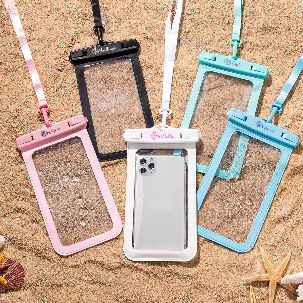 Personnalisé ligne style naissance fleur étanche pochette téléphone avec nom et lanyard anniversaire vacances d'été cadeau pour la famille amateur de sports nautiques