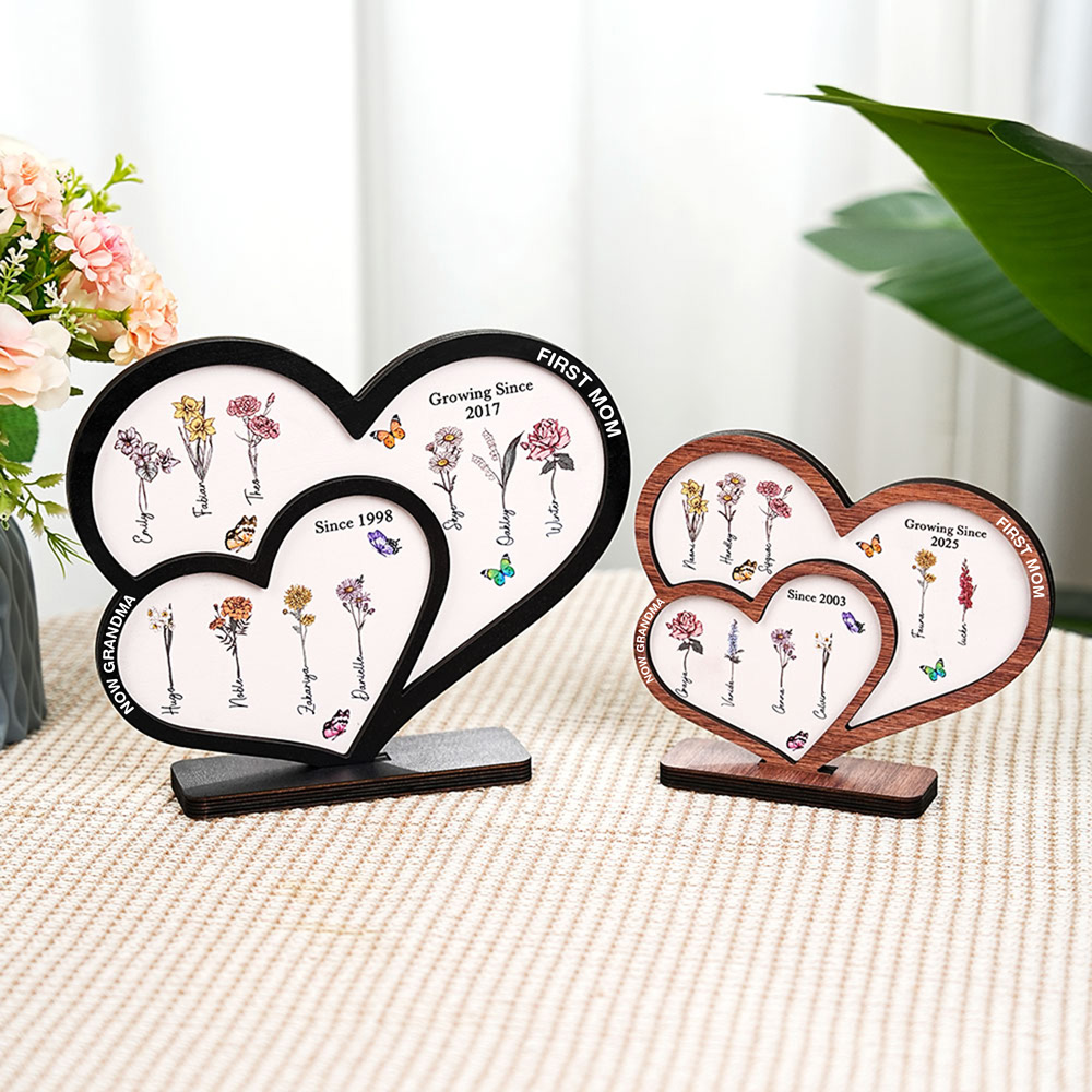 Panneau en bois double couche en forme de coeur avec fleur de naissance et nom Cadeau d'anniversaire de fête des mères pour maman grand-mère