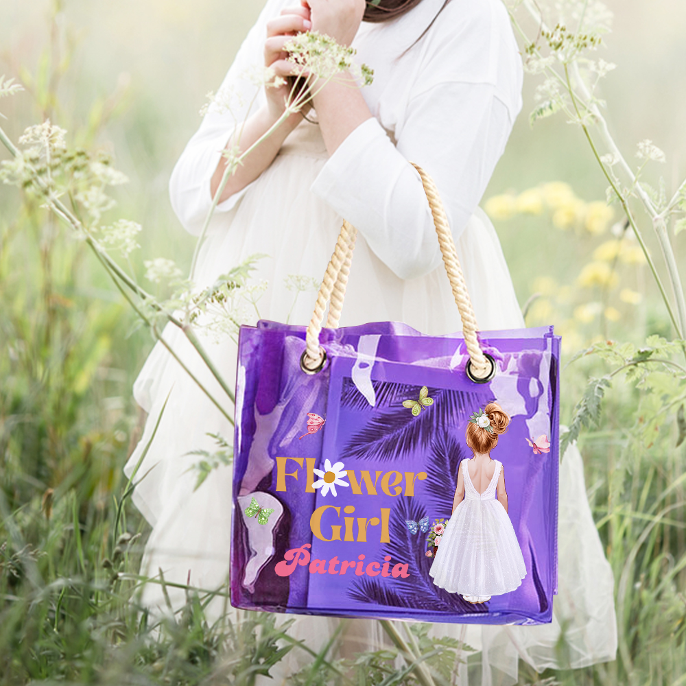 Personnalisé Cartoon Flower Girls Multicolore Waterproof Clear Tote Bag with Name Birth Flower Basket Bridal Shower Wedding Gift For Flower Girls