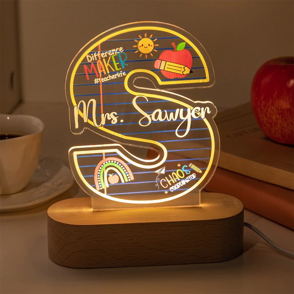 Personalized Difference Maker Apple Pencil Initial LED Night Light with Name and Wooden Base Teacher's Day Appreciation Birthday Gift for Teacher