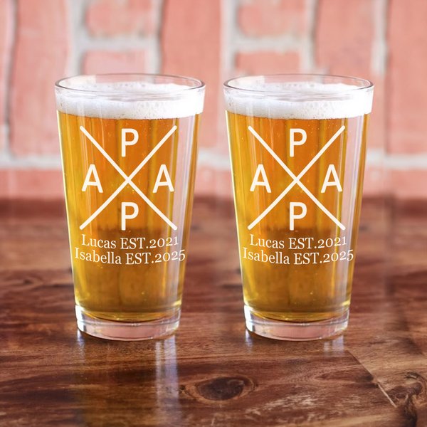 Verre à bière personnalisé PAPA 16 oz avec 1-5 noms et année Home Bar Fête des pères Cadeau d'anniversaire pour homme