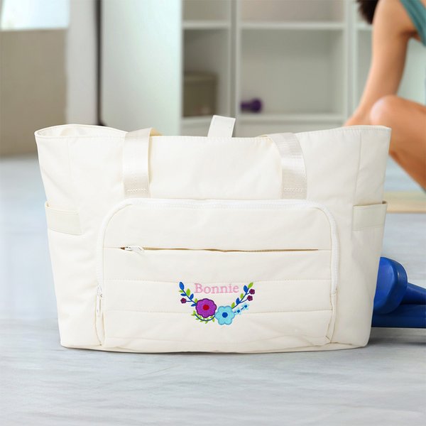 Bolsa de viaje personalizada con lazo floral, nombre bordado y correa elástica Accesorio de fitness Regalo de cumpleaños para mujeres amantes del yoga