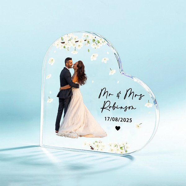 Personalized Heart Shape Photo Acrylic Plaque with Name Date Home Decor Wedding Anniversary Gift for Newlyweds