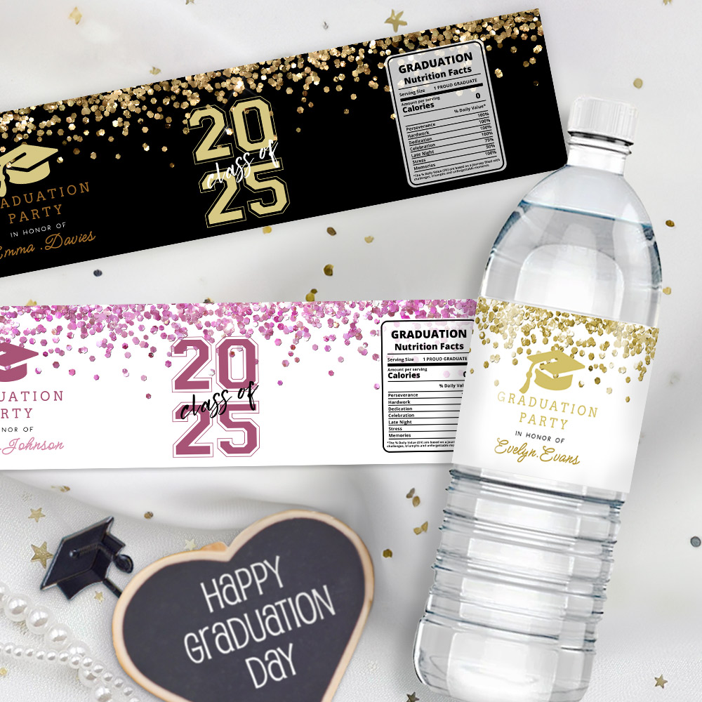 Etiquette de bouteille d'eau pailletée avec nom et année Cadeau de fin d'études personnalisé pour les diplômés de la promotion 2025