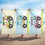 Personalized Golf Cart Stripe Oversized Quick Dry Beach Towel with Name Travel Accessory Birthday Gift for Golf Lover