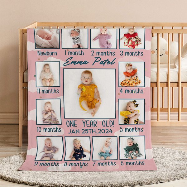 Gepersonaliseerde 1-12 maanden Babyfoto's Zachte Deken met Naam en Datum Kamer Decor Verjaardagscadeau voor Baby