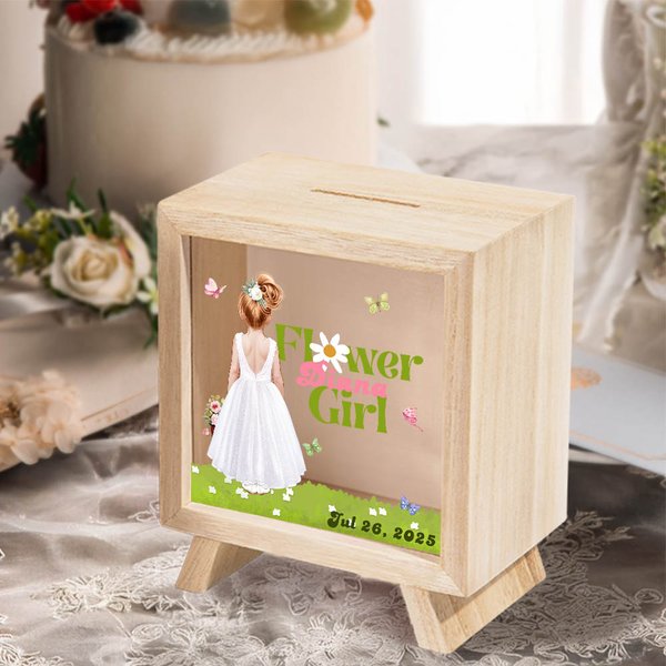 Personalized Cartoon Wedding Flower Girl Clear Wooden Money Box with Name Wedding Favor Proposal Thank You Gift for Flower Girl