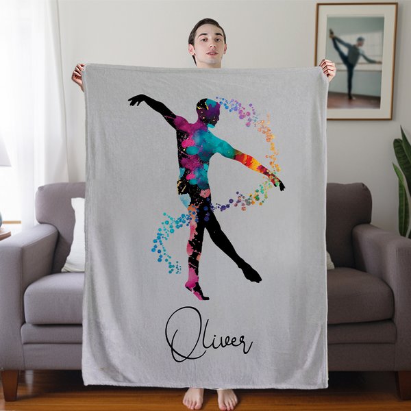 Personalized Watercolor Male Ballet Silhouette Soft Throw Blanket with Name Room Decor Birthday Dance Team Gift for Male Ballet Dancers