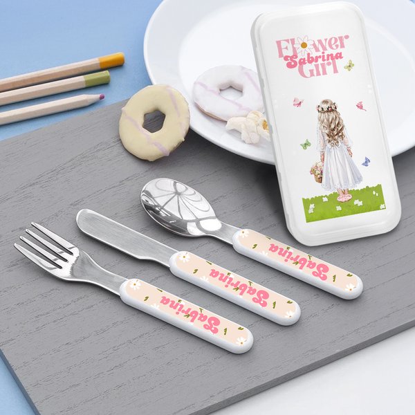 Personalized Flower Girl Character Name Kid’s Fork Spoon Knife 3 Pcs Cutlery Set with Case Wedding Party Favor Bridal Shower Gift for Girls