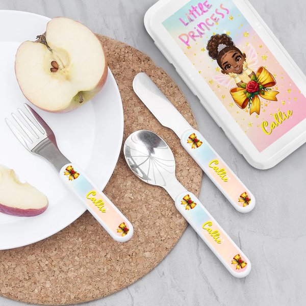 Personalized Cartoon Little Princess Bow Food-safe Stainless Steel Kid's Fork Spoon Knife 3 Pcs Cutlery Set with Name and Case Birthday Gift for Girls