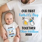 Personalized Our First Father's Day Beer Bottle 100% Cotton Baby Bodysuit T-shirt with Name and Year Family Outfits Birthday Gift for Dad Baby