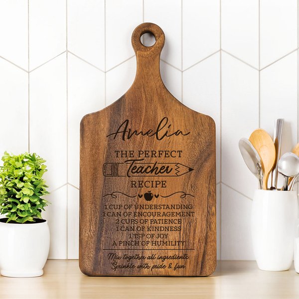 Personalised Engraved Perfect Teacher Pencil Wood Charcuterie Chopping Board with Name and Handle Birthday Appreciation Teacher's Day Gift for Teacher