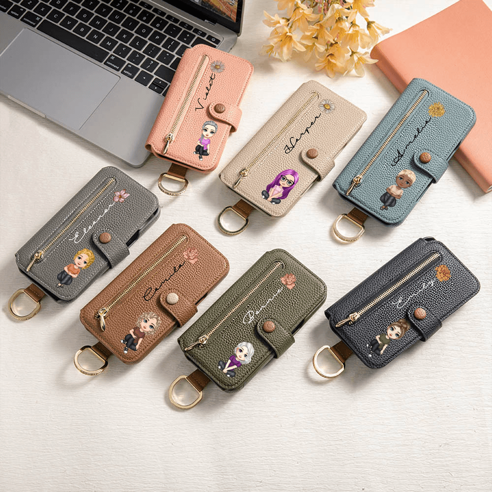 Personalized Name Cartoon Character Birth Flower Leather Flip Wallet Phone Case with RFID Blocking Card Holder, Mother's Day/Birthday Gift for Mom/Her