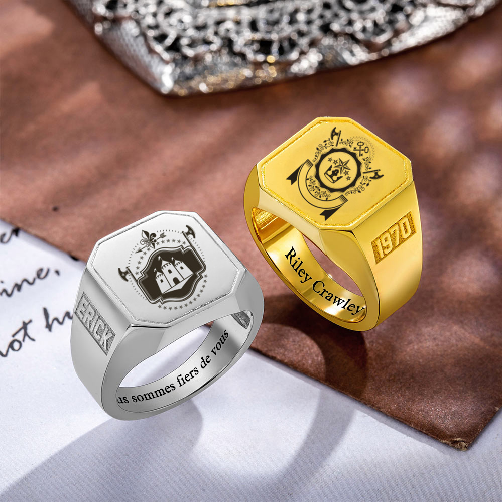 Bague Sceau Carrée Personnalisée avec Logo de l'École Blason et Texte Gravés Cadeau pour Hommes Diplômés