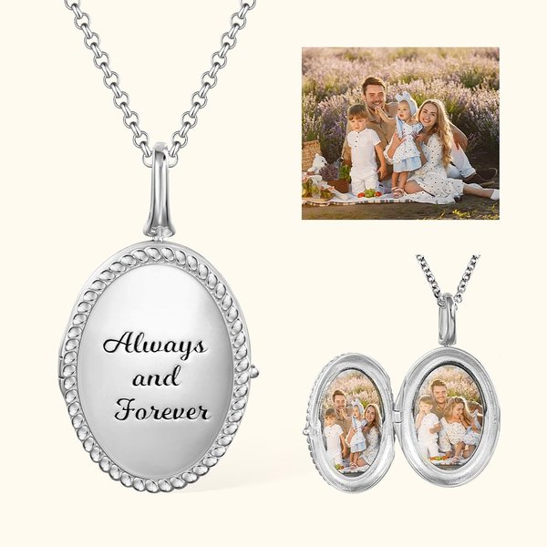 Personalized 2 Photos Oval Locket Necklace with Engraved Text Mother's Day Birthday Gift for Women