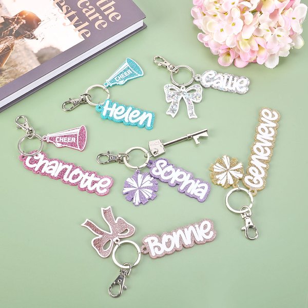 Personalized Glitter Bow Ribbon Cheering Horns Charm Keychain with Name Sports Team Birthday Gift for Cheerleader