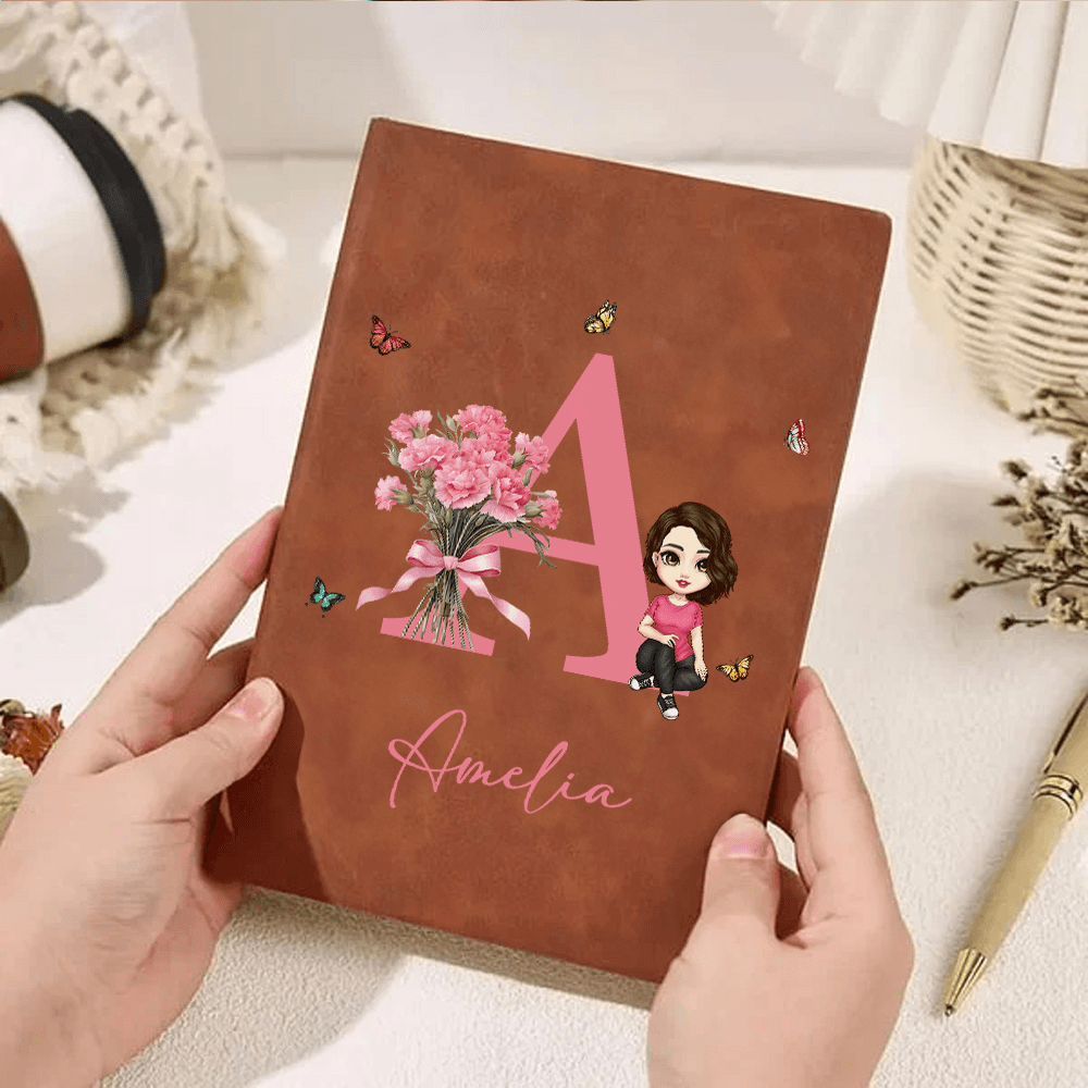 Personalized Cartoon Character with Birth Flower and Name, Multicolor A5/A6 Leather Journal, Birthday/Mother's Day Gift for Family/Friend/Her