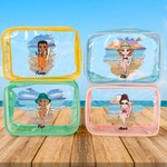 Personalized Blue Sky Sunset Cartoon Character Clear Waterproof Makeup Bag with Name Travel Accessories Birthday Gift for Her