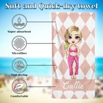 Personalisiertes Cartoon-Charakter Karo-Streifenmuster Schnelltrocknendes Strandtuch mit Namen Sommerurlaub Geburtstagsgeschenk für Familie Freunde