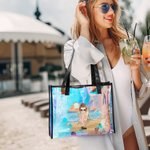 Personalized Sunny Beach Style Cute Cartoon Girl Holographic Clear Tote Bag with Name Summer Vacation Daily Use Birthday Gift for Women Girls